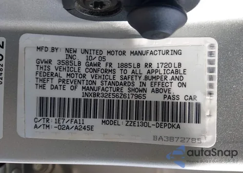 2006 Toyota Corolla Ce z USA, uszkodzony, nr VIN 1NXBR32E56Z617965